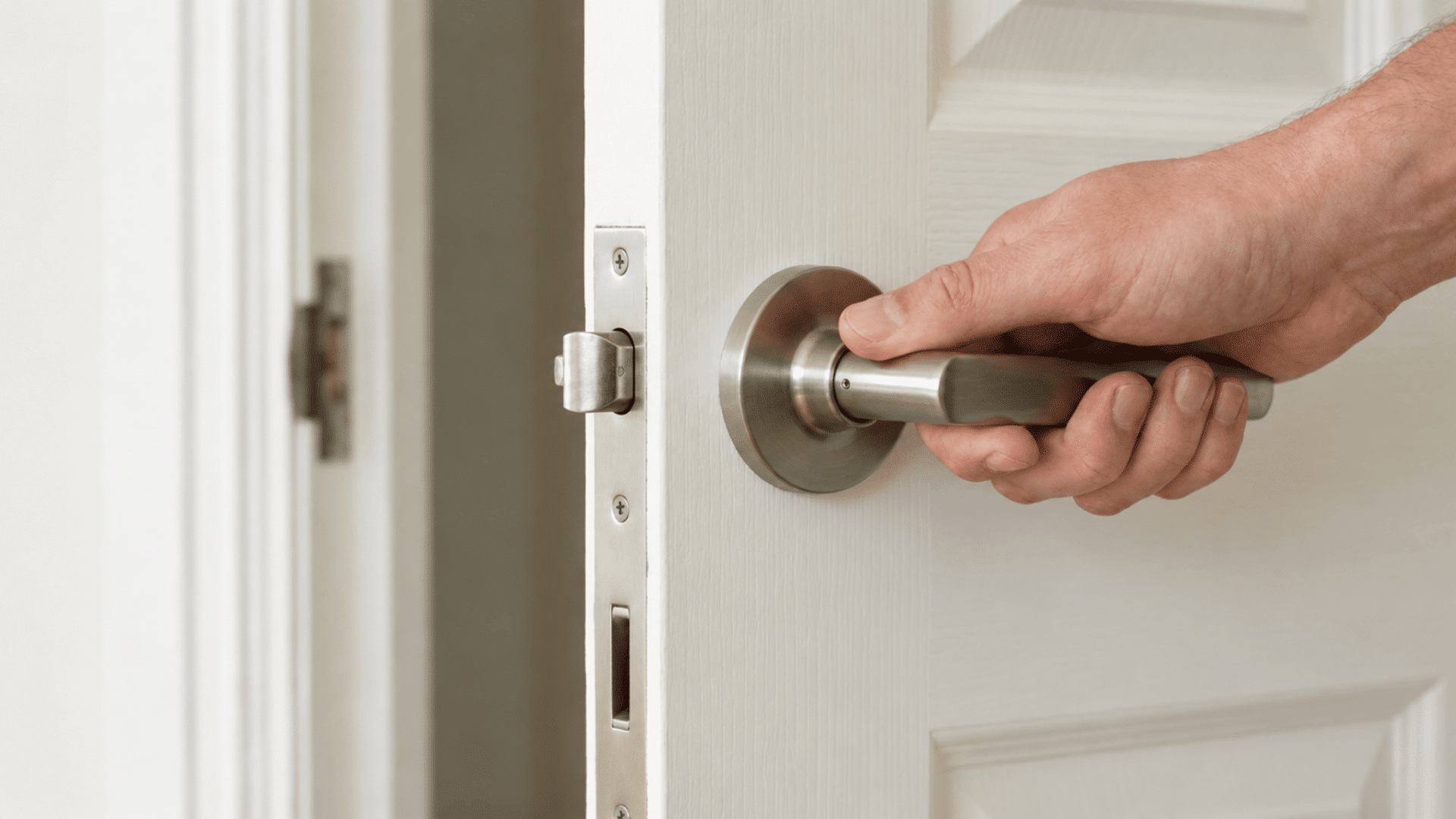 Hand turning a brushed nickel lever handle on a white interior door with the latch visible along the door edge.