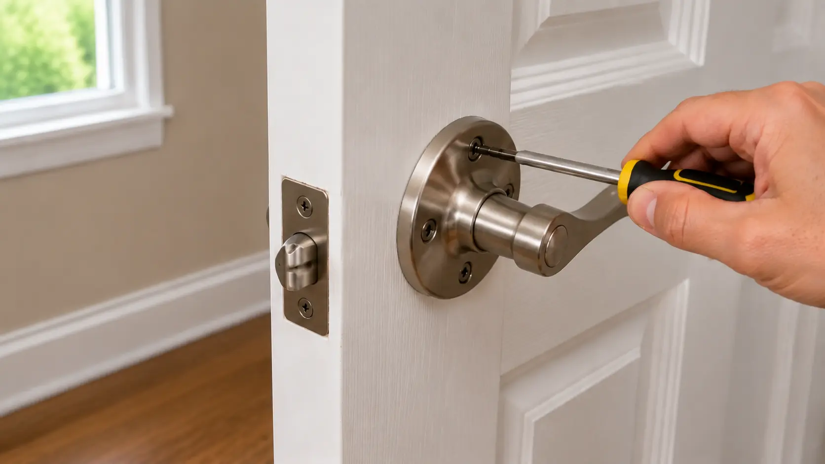 Hand using a screwdriver to remove screws from the interior handle of a white door.