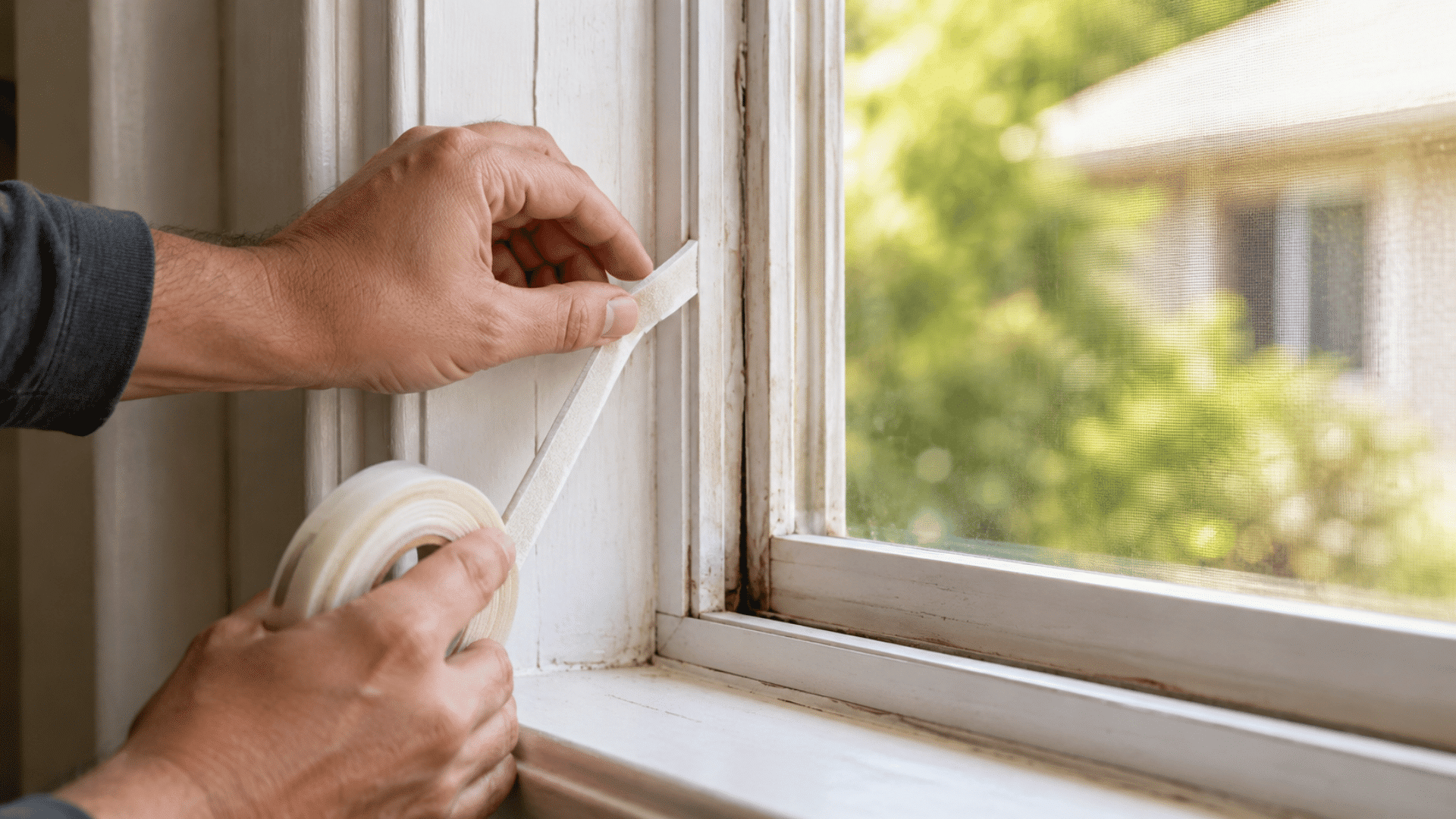 Hands applying removable weatherstripping tape around an older window frame to seal small gaps during a DIY home maintenance project.