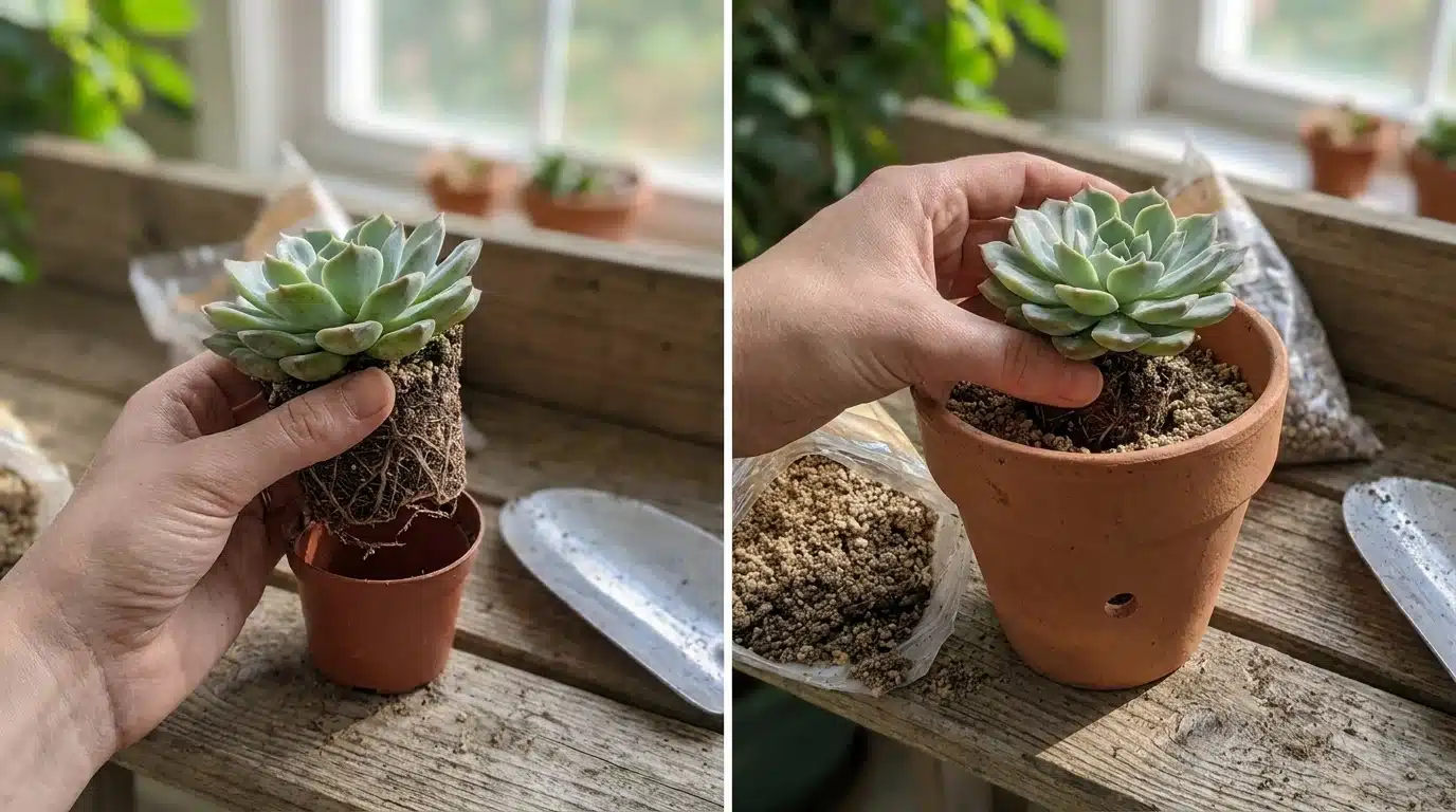 Hands gently removing a succulent from its pot while checking the roots before replanting.