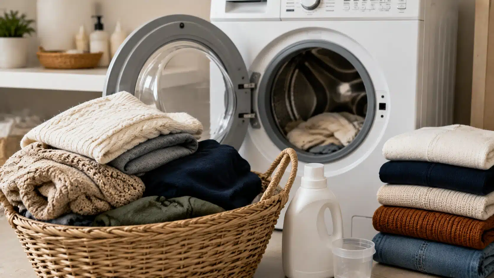 Hands placing a knitted sweater into a washing machine to remove moth larvae and fabric residue.