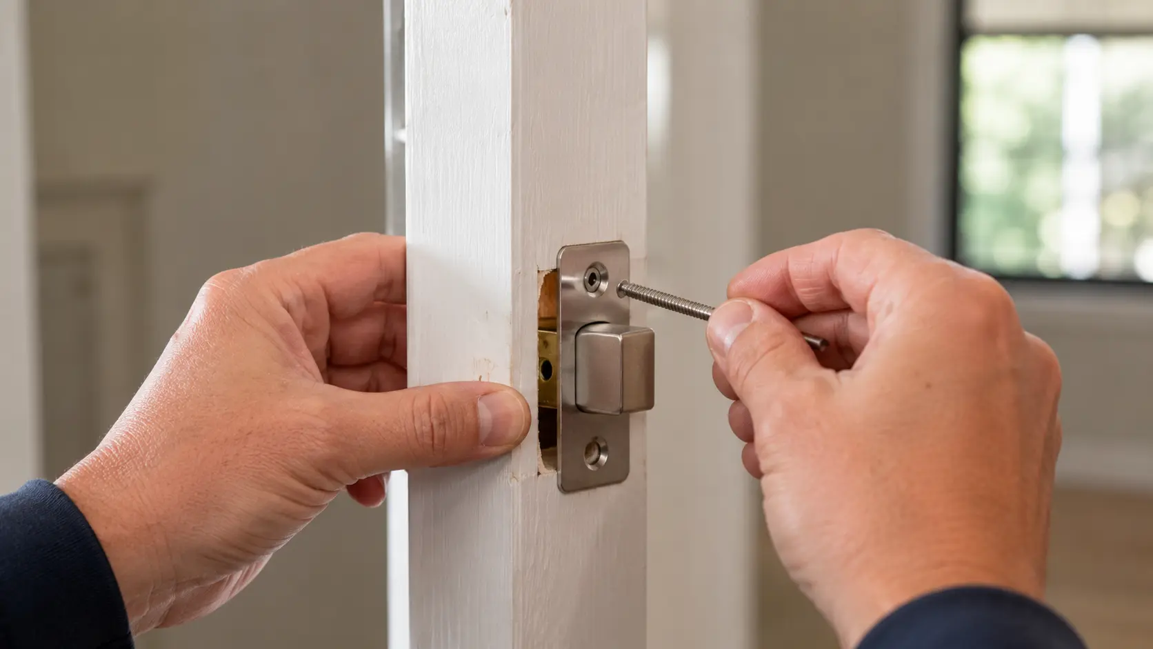 Hands positioning a new latch and starting a screw in the edge of a white interior door.