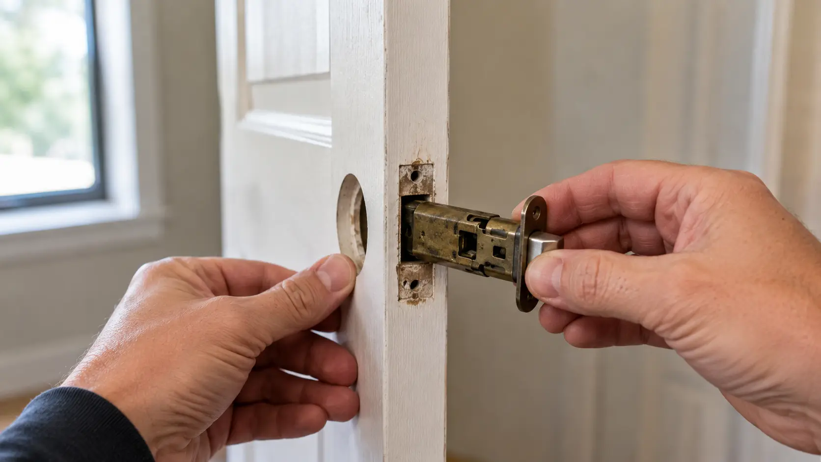 Hands pulling an old latch assembly from the edge of a white interior door during handle replacement.