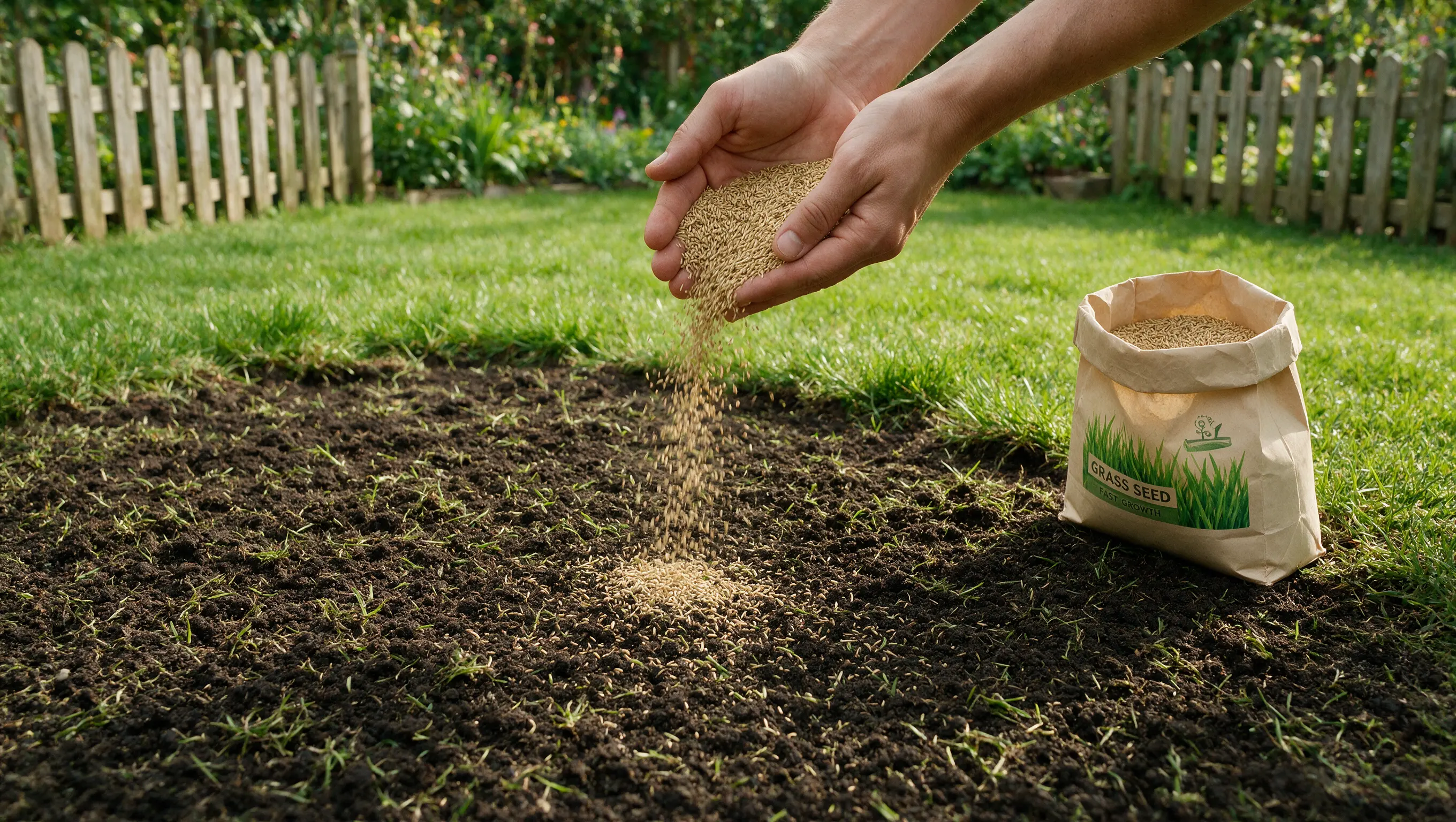 Hands spreading grass seed evenly over prepared soil to repair a bare lawn patch.
