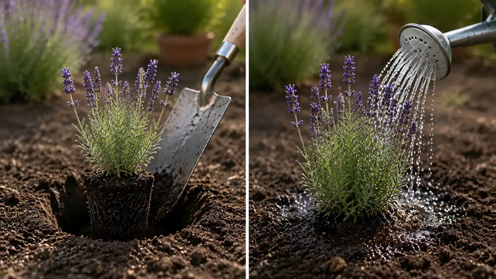 Lavender planting steps showing a garden trowel placing a lavender plant into soil and watering it after planting.
