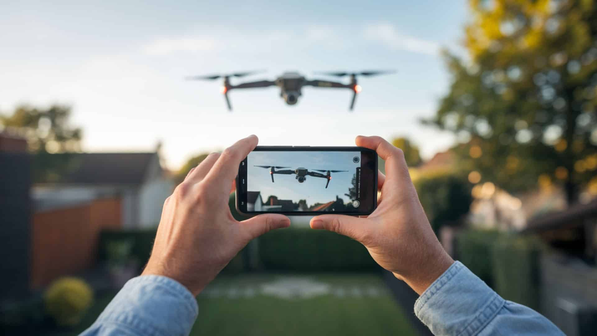 Homeowner looking at a drone flying above a house, showing steps to handle unwanted drone flights over private property.