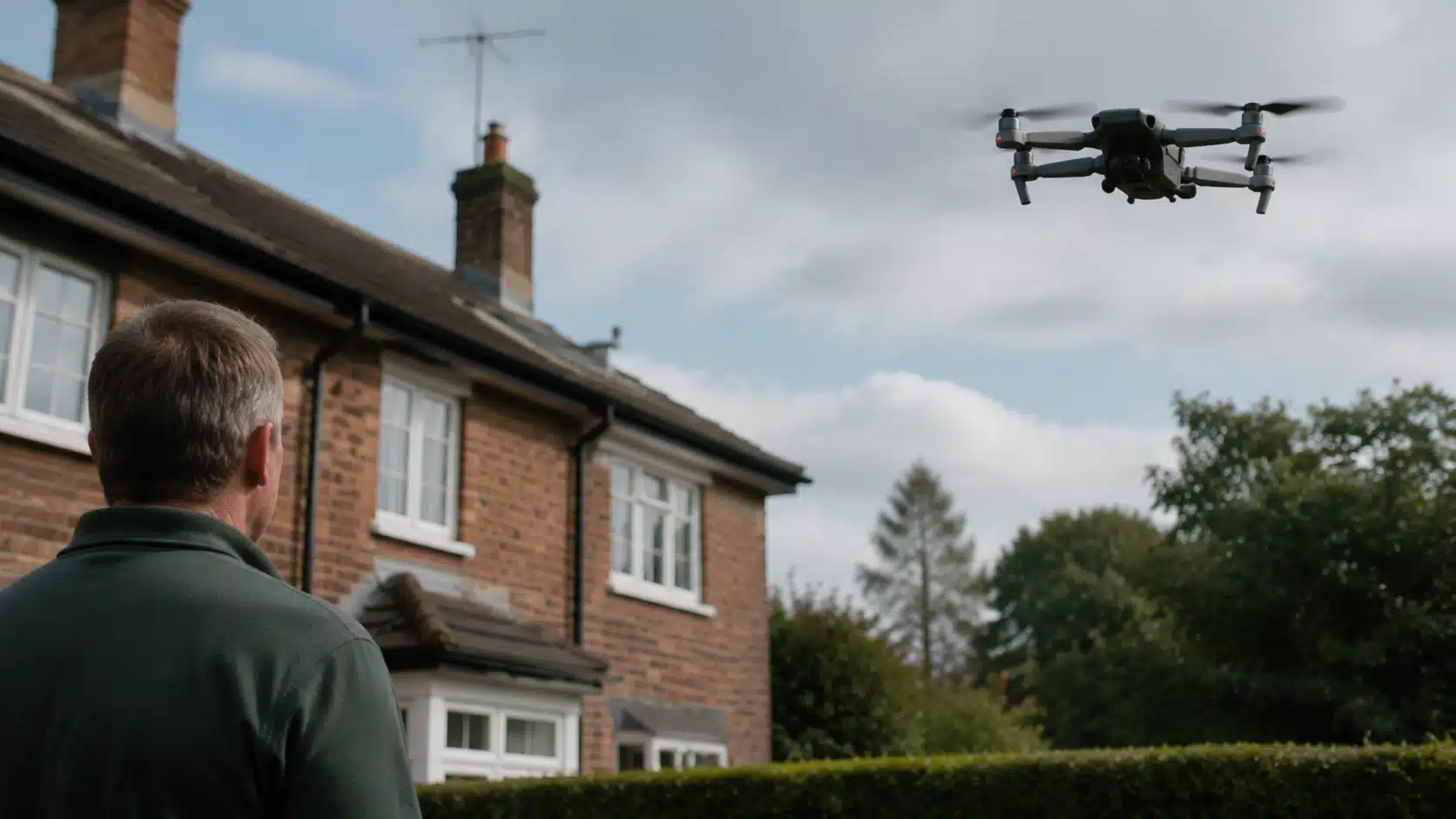 Homeowner watching a drone near a house, representing UK privacy rights and laws protecting against unwanted drone surveillance.