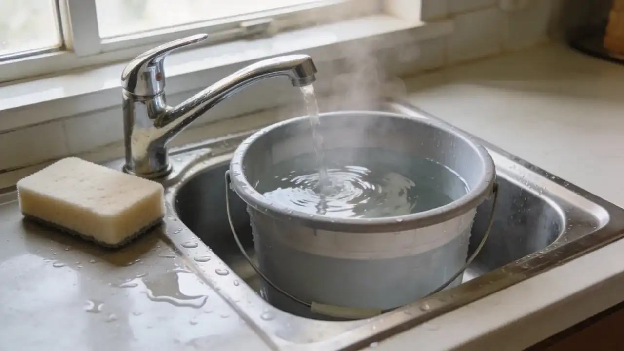 Kitchen sink with running tap filling bucket, sponge soaking inside for wall surface preparation during renovation work.
