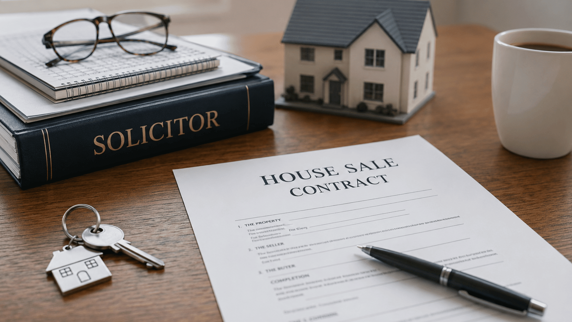 House sale contract beside a solicitor’s book, keys, model home, glasses, pen and coffee on a wooden desk.