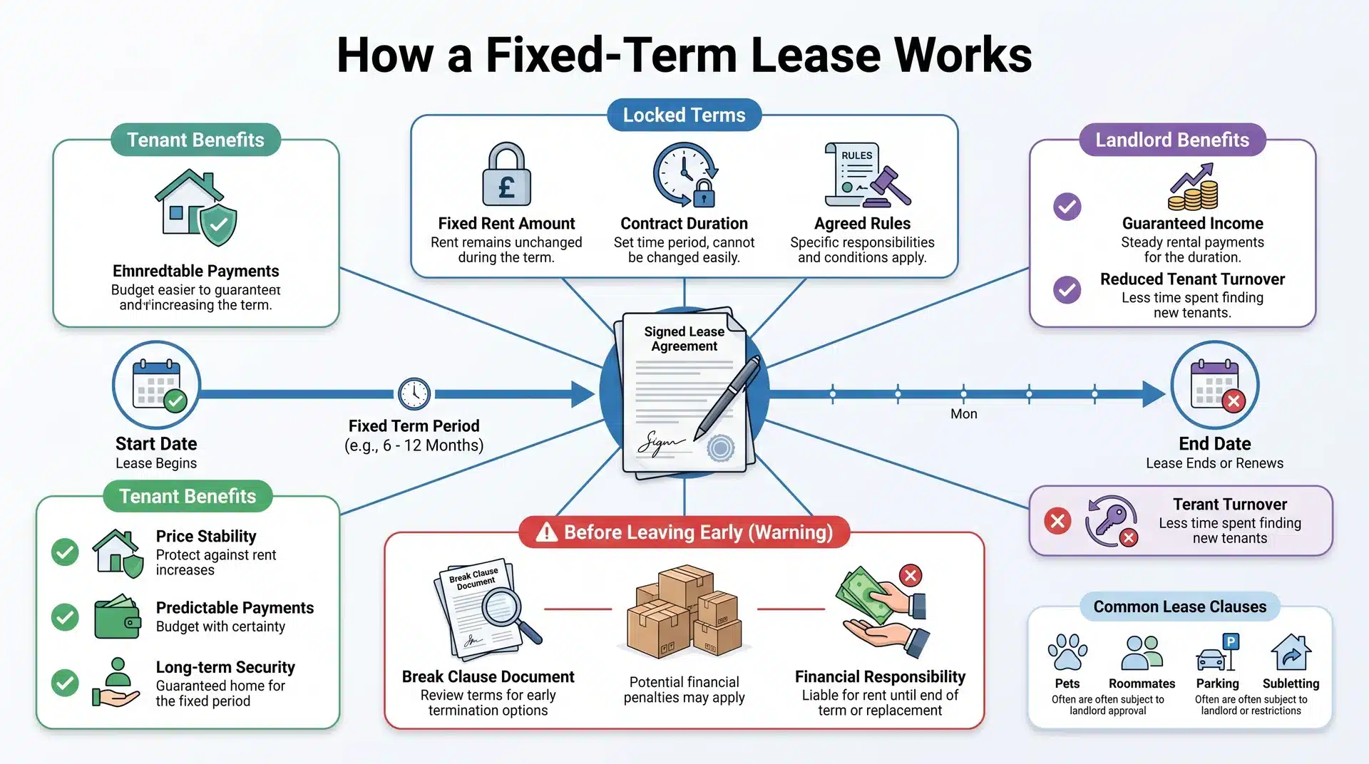 Infographic illustrating the structure, rules, and benefits of a fixed-term lease agreement.
