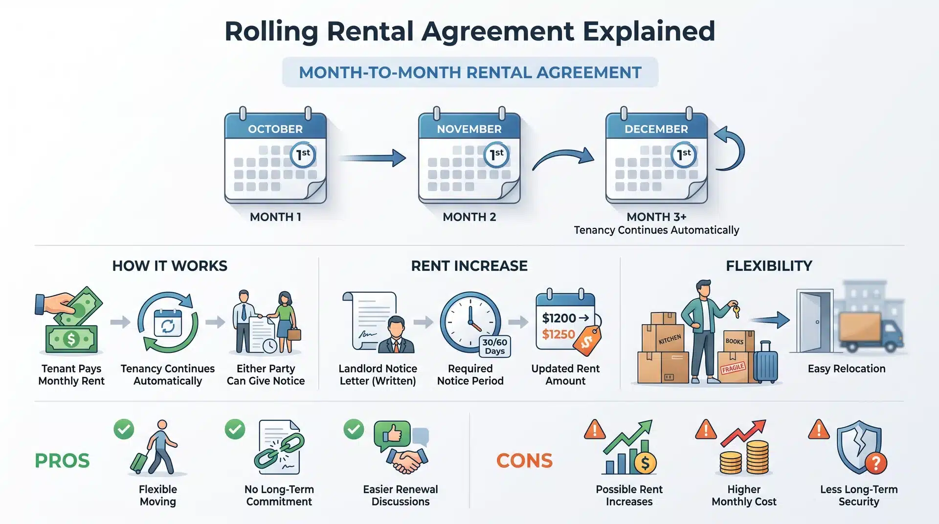 Infographic breaking down how a rolling month-to-month rental agreement works.