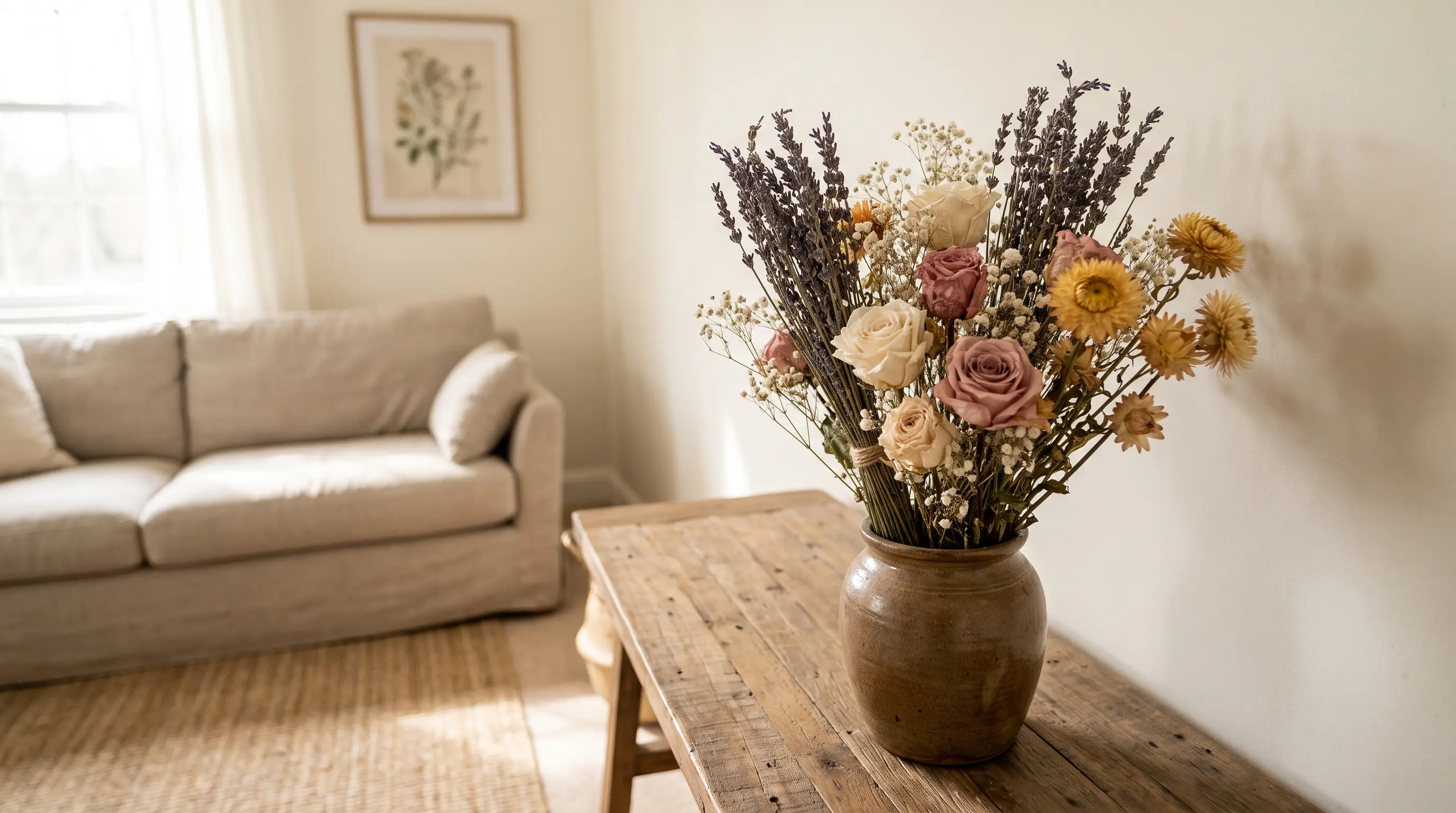Dried flower arrangement with lavender roses and baby's breath displayed in a home interior
