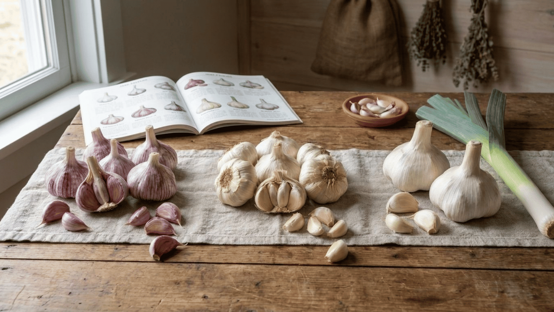 Three garlic varieties laid side by side on a wooden table — hardneck, softneck, and elephant garlic — each labeled with a small handwritten chalkboard sign, with an open seed catalog and loose cloves scattered naturally around them.