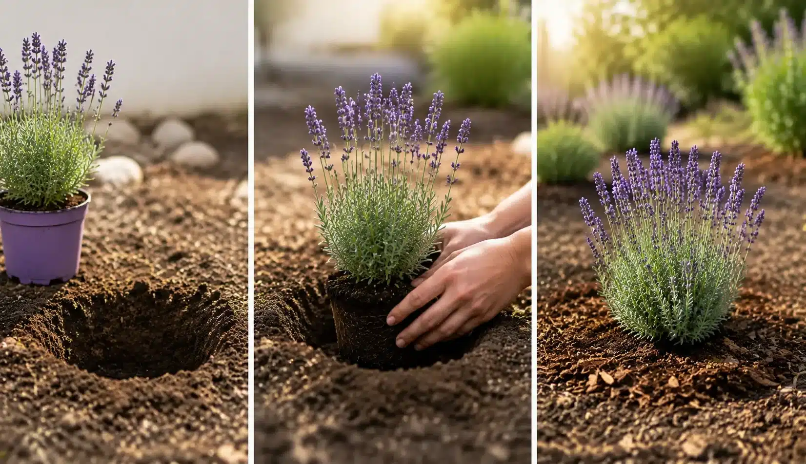 Lavender growing journey from seeds and seedlings to mature flowering plants in a sunny garden with natural growth stages.