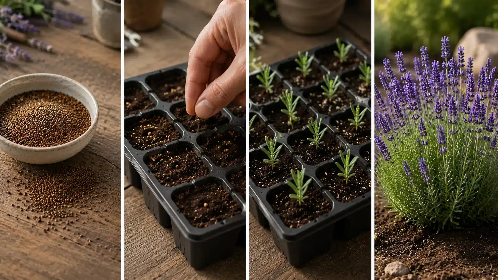 Lavender growth stages showing seeds, seedlings, young plants, and mature flowering lavender in a realistic garden collage.