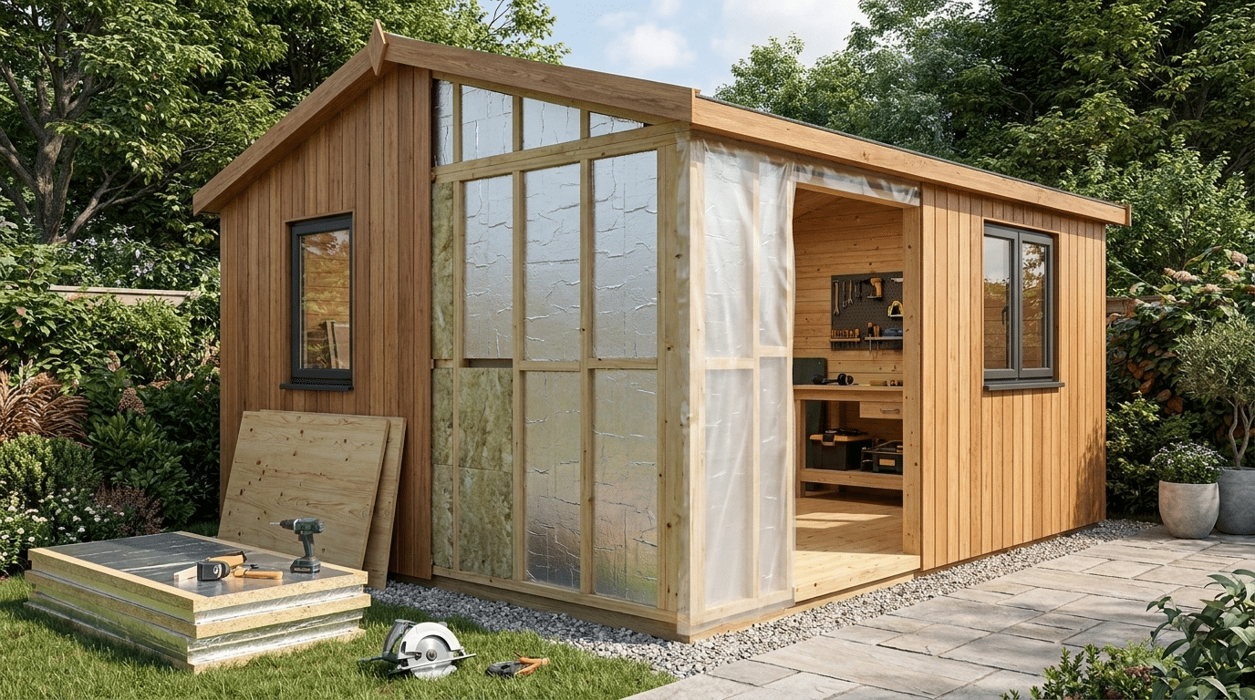 Cutaway view of a wooden garden shed showing insulation layers, vapor barrier, and finished interior panels.