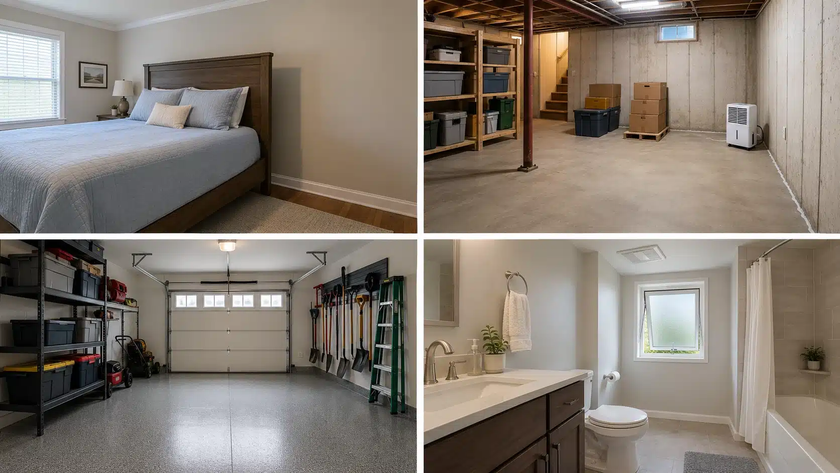 Four-panel image showing spider prevention areas: clean bedroom, dry basement, organized garage, and moisture-controlled bathroom.