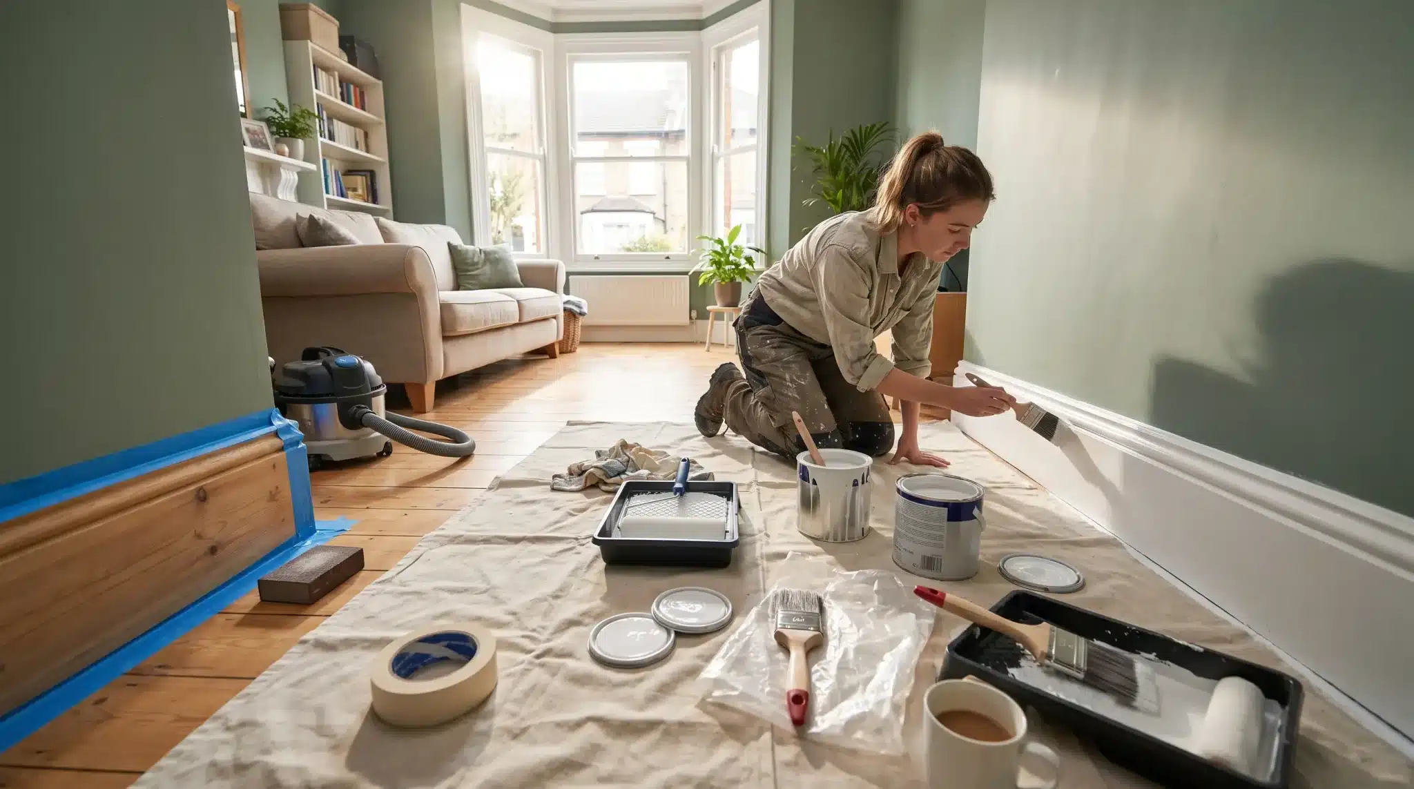 Young woman painting white skirting boards in a bright living room with tools and supplies prepared on a drop cloth.