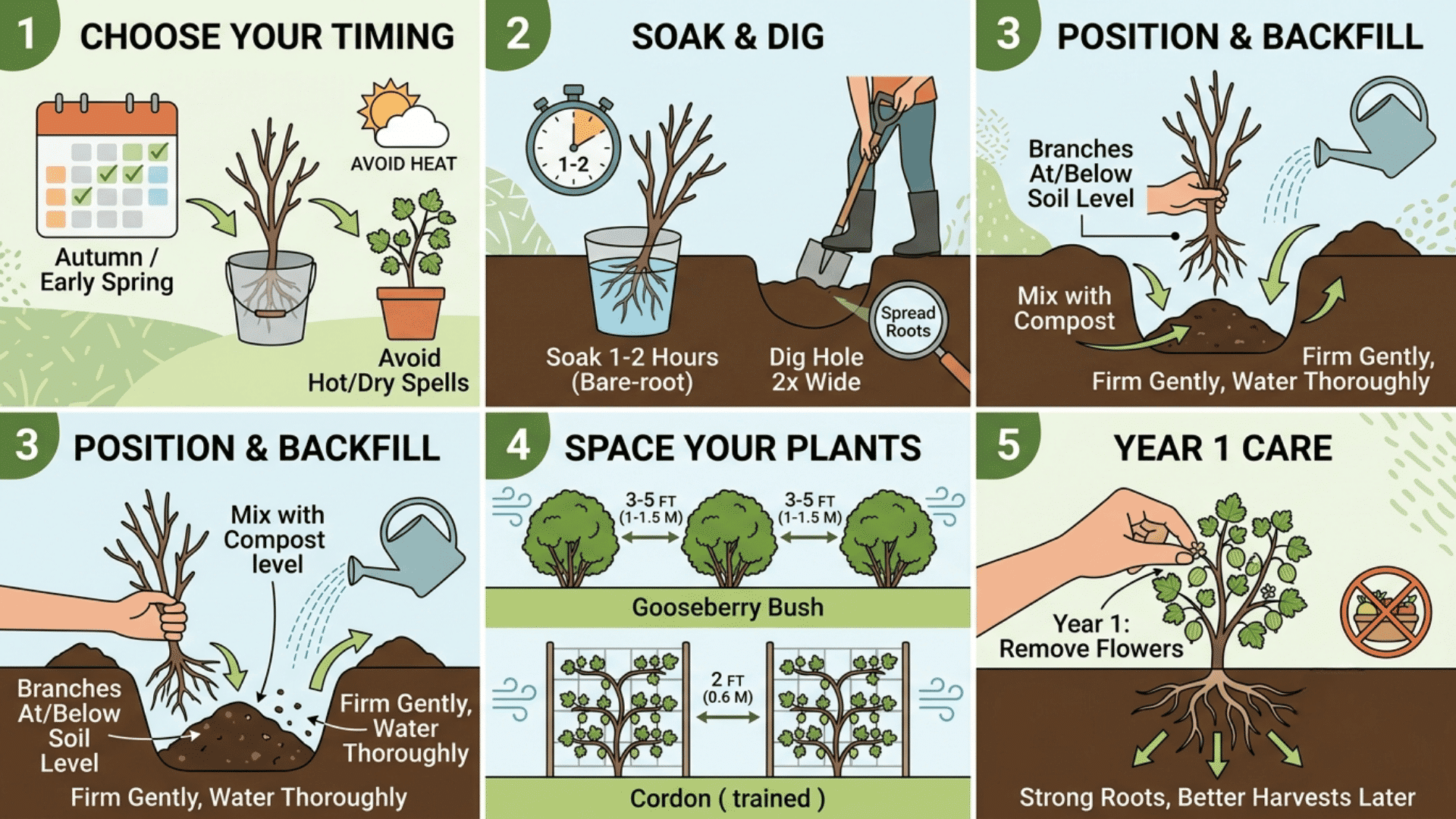 A 5-panel infographic showing steps to plant a gooseberry bush: timing, root soaking, planting, spacing, and removing year-1 flowers.