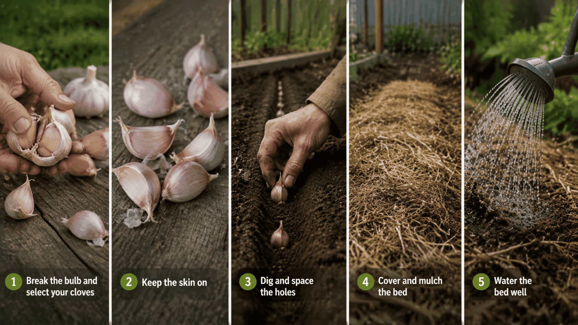 Step-by-step garlic planting guide showing cloves, planting depth, mulch cover, and watering in a backyard garden.