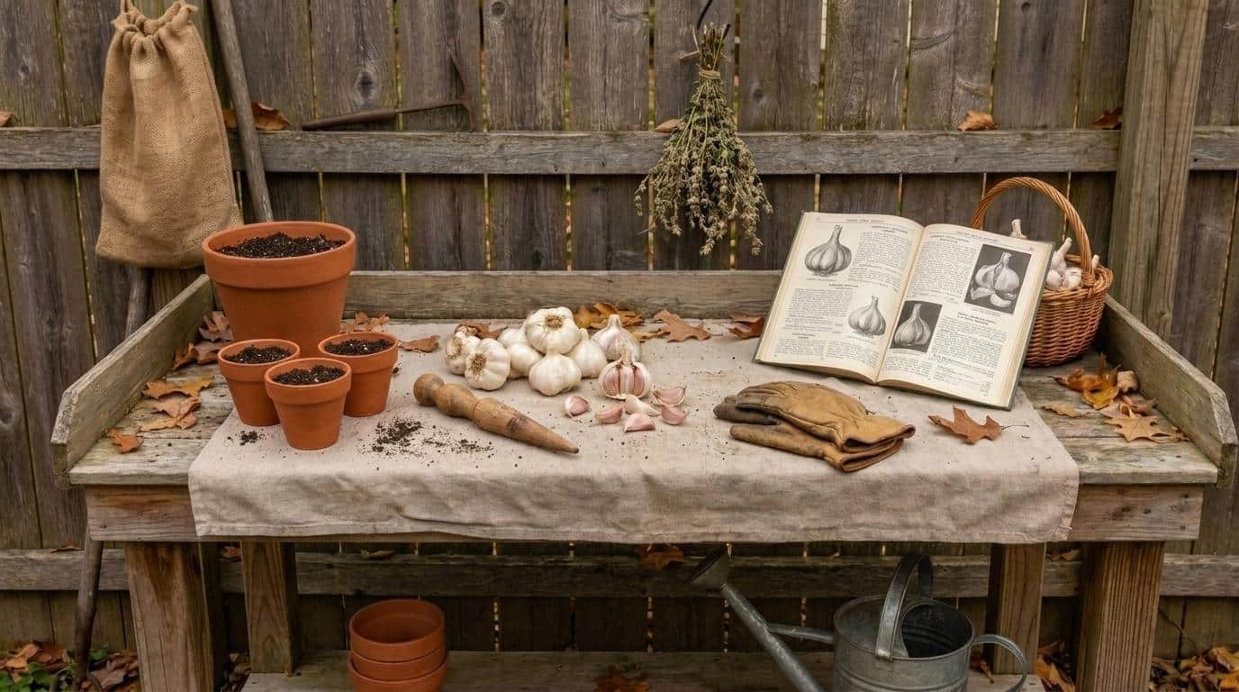 Rustic garden potting table with garlic bulbs, tools, seed catalog, gloves, and terracotta pots in warm autumn daylight against a wooden fence.