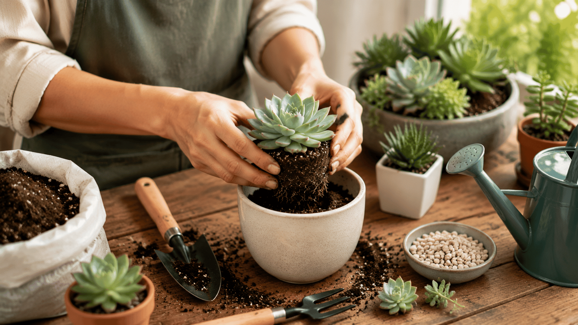 Person planting a succulent in a ceramic pot with soil, trowel, watering can, pebbles, and gardening tools nearby.