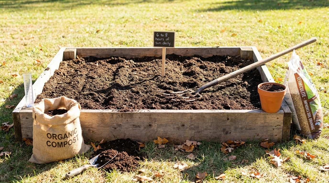 A wooden raised garden bed with freshly turned dark soil mixed with compost, a garden fork resting across it, and bags of compost and vermiculite beside it in bright direct sunlight.