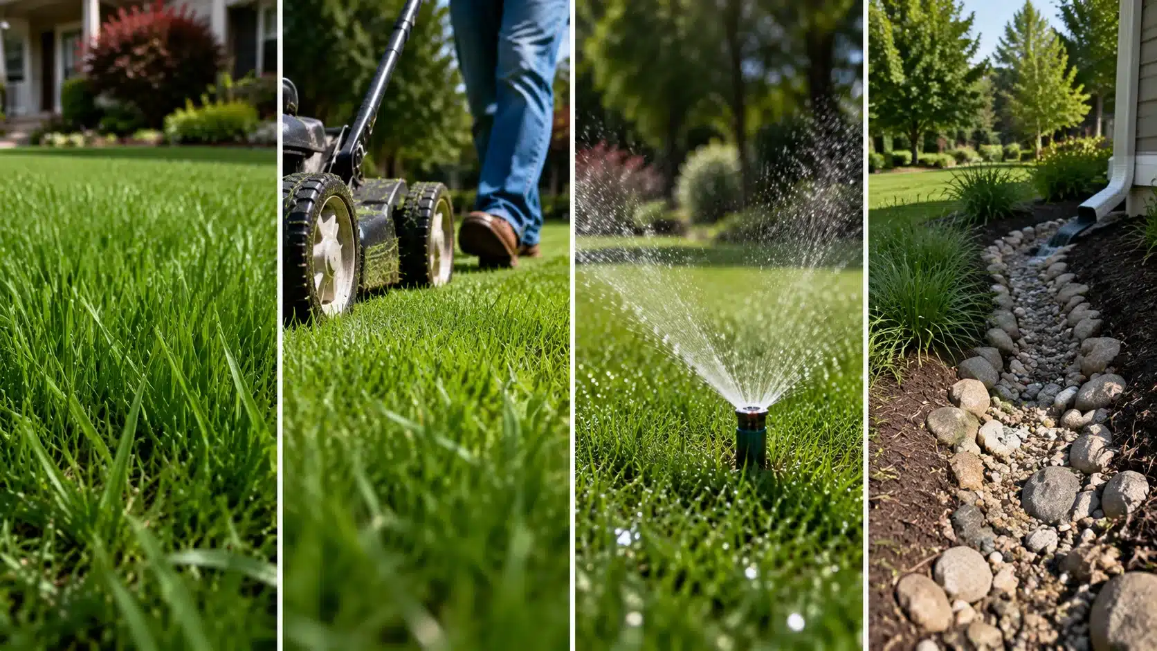 Four-panel lawn care image showing healthy turf, mowing, proper watering, and drainage methods to prevent grass-like weeds.