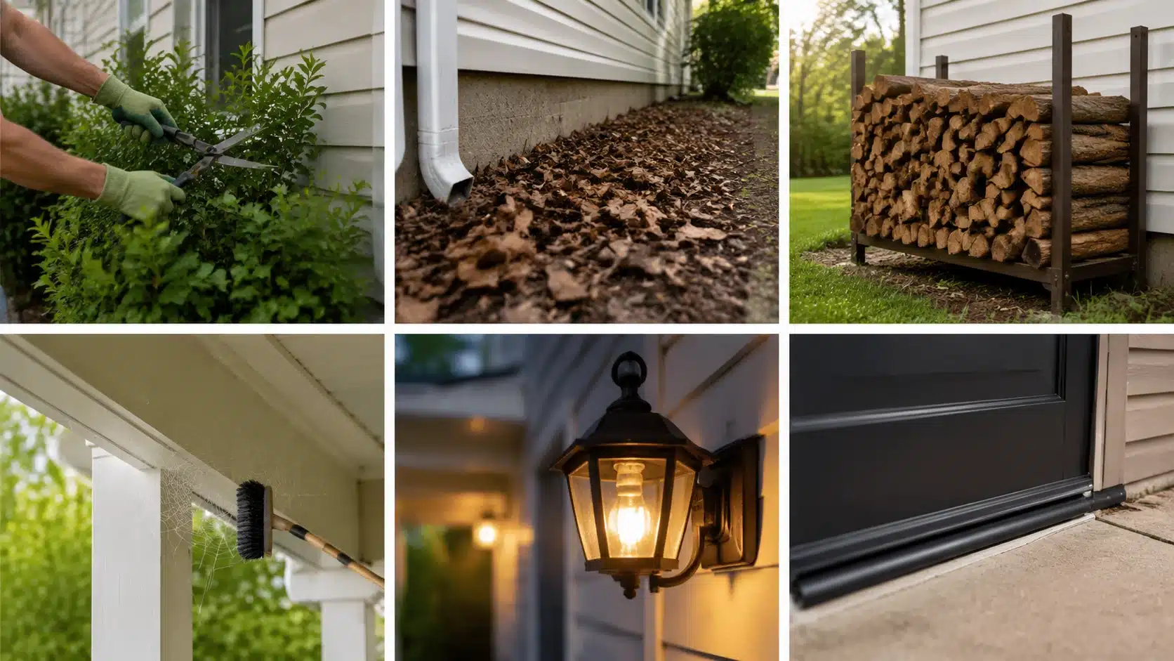 Six-panel image showing outdoor spider prevention methods including trimming bushes, clearing leaves, storing firewood, removing webs, adjusting lights, and sealing door gaps.