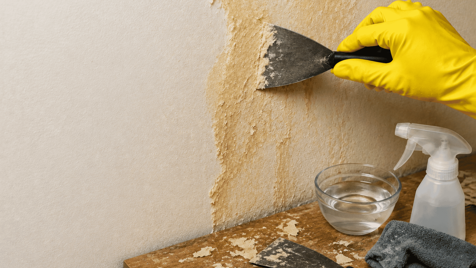Gloved hand scrapes wallpaper glue from a wall beside a wooden table with cleaning tools, water bowl, and residue.
