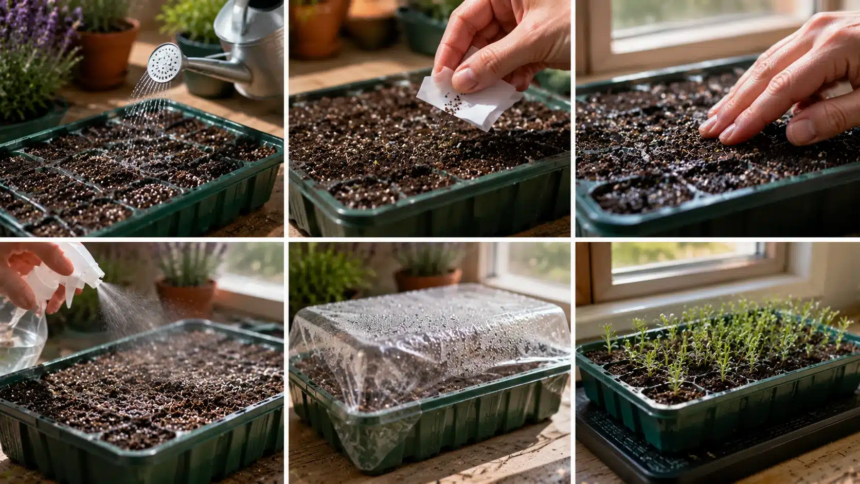 Lavender seeds being sown in trays with soil, misting, covering, and young seedlings growing near a sunny window.