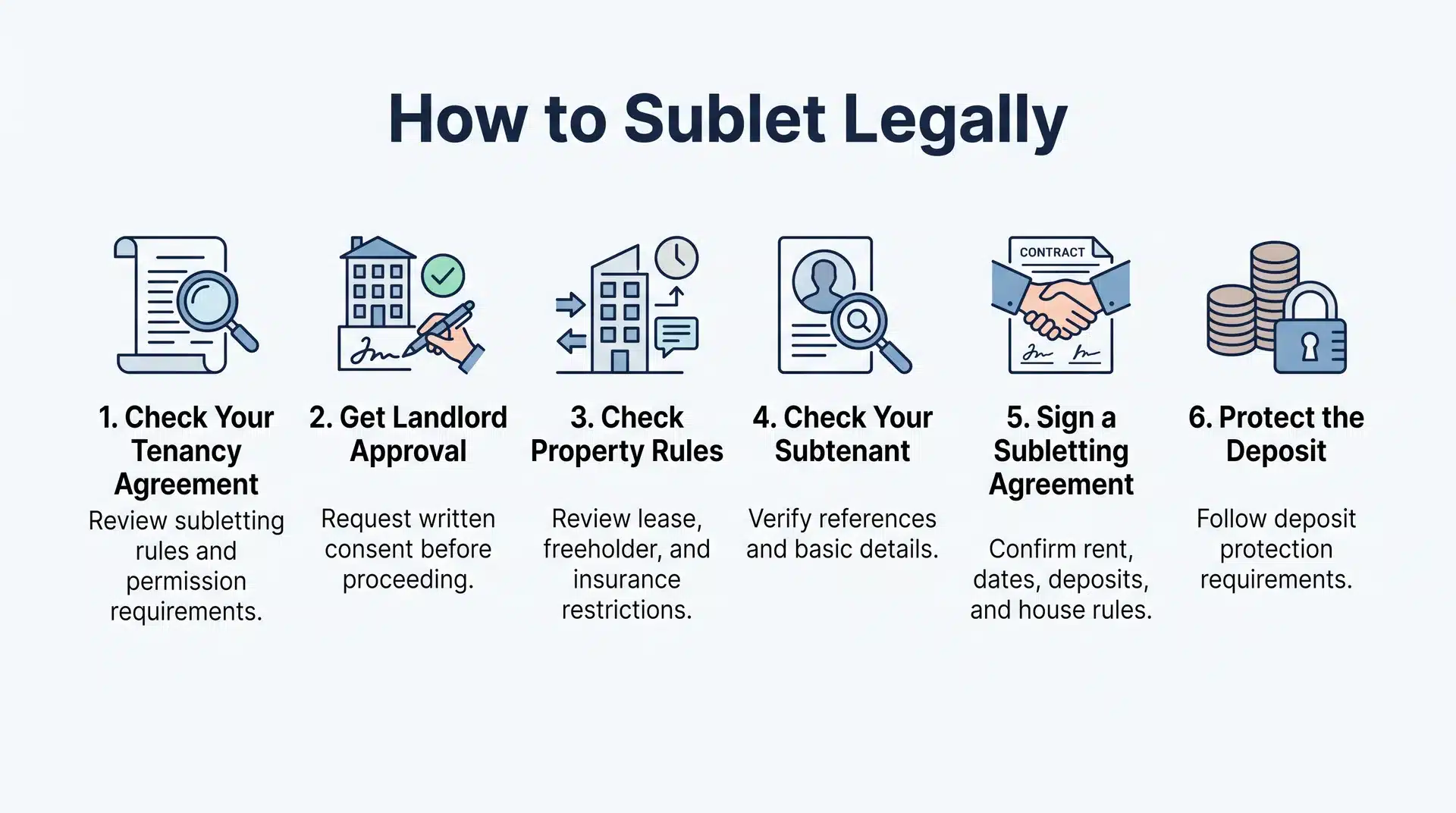 Infographic: 6-step guide to subletting legally, including checking terms, getting landlord consent, verifying subtenants, and protecting deposits.