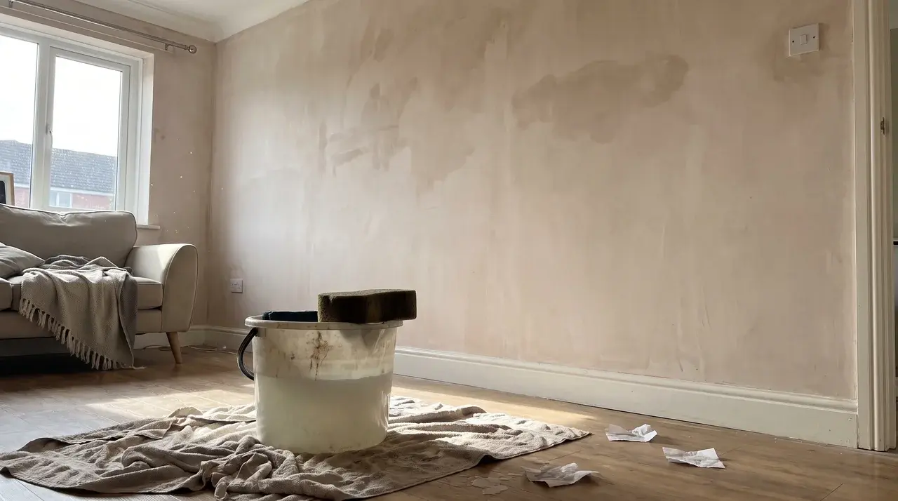 Room after stripping wallpaper showing patchy adhesive on wall, bucket and sponge on floor.
