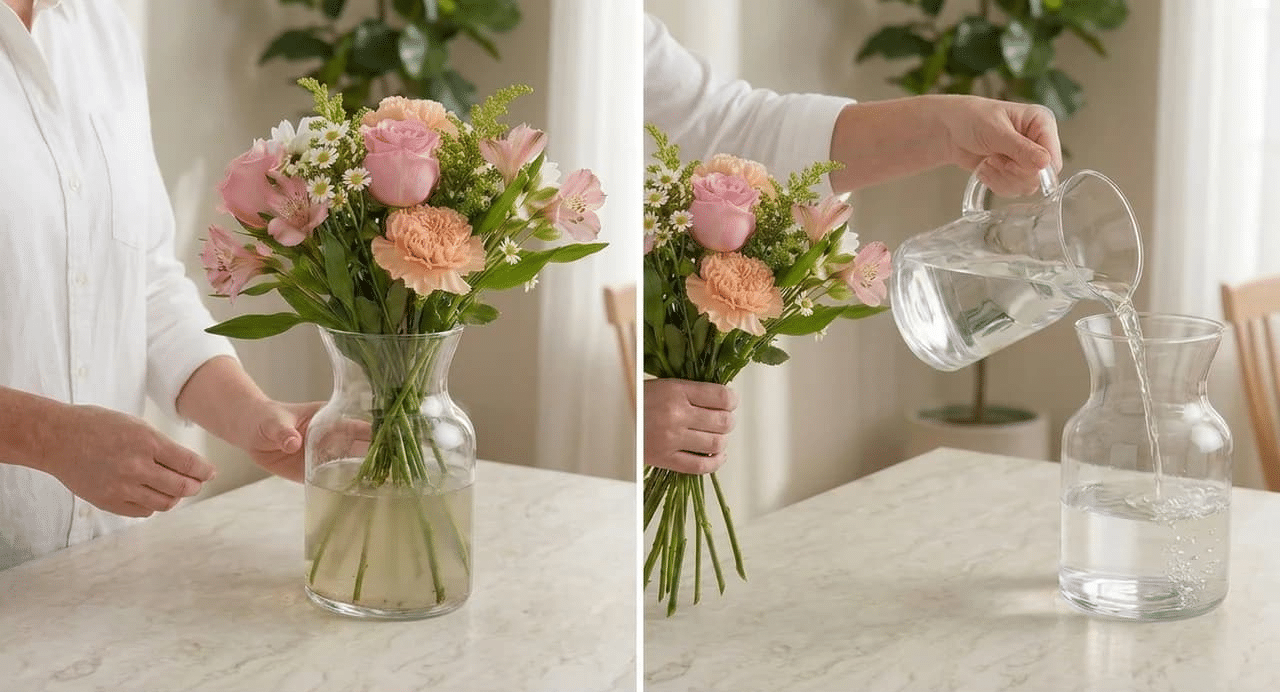 Replacing old vase water with fresh water to help cut flowers stay healthy longer.