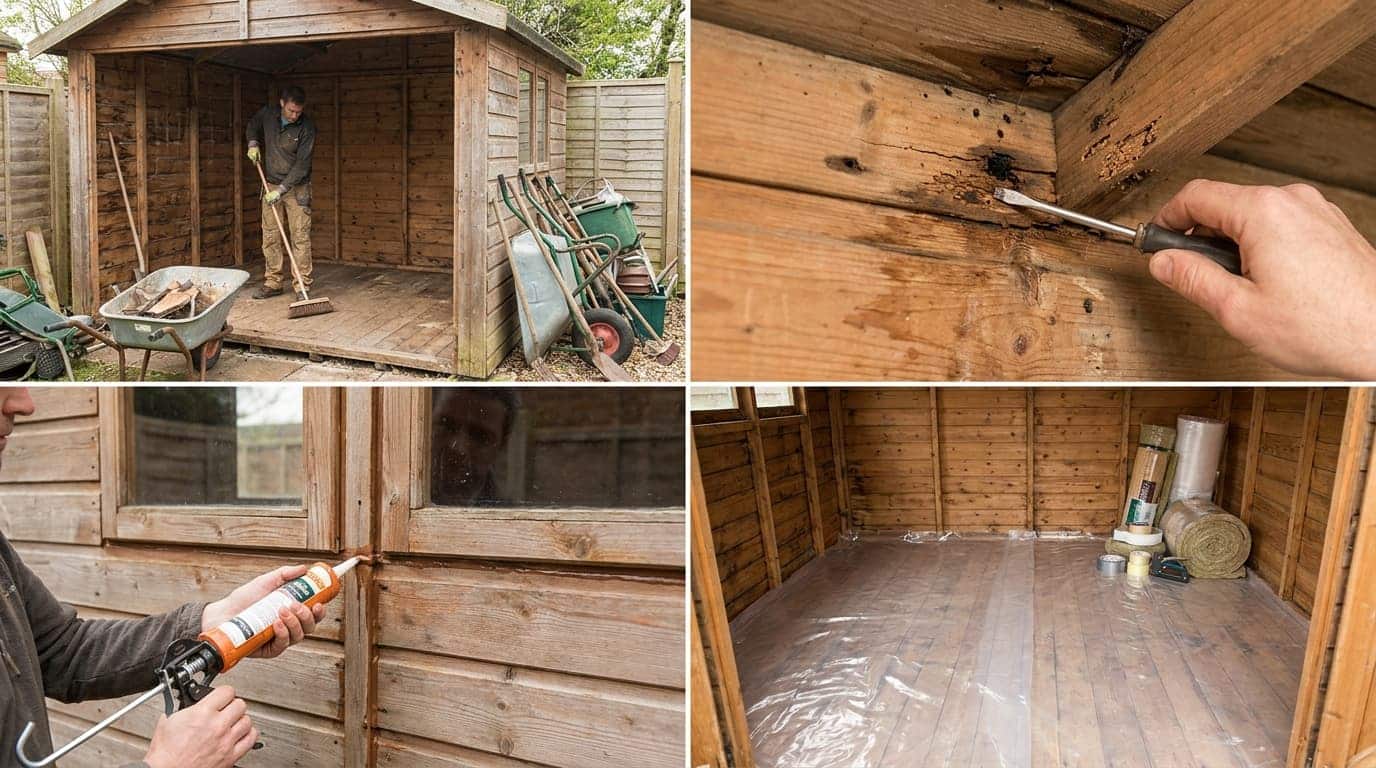 Inspecting a wooden garden shed for damage, gaps, and repairs before insulation work
