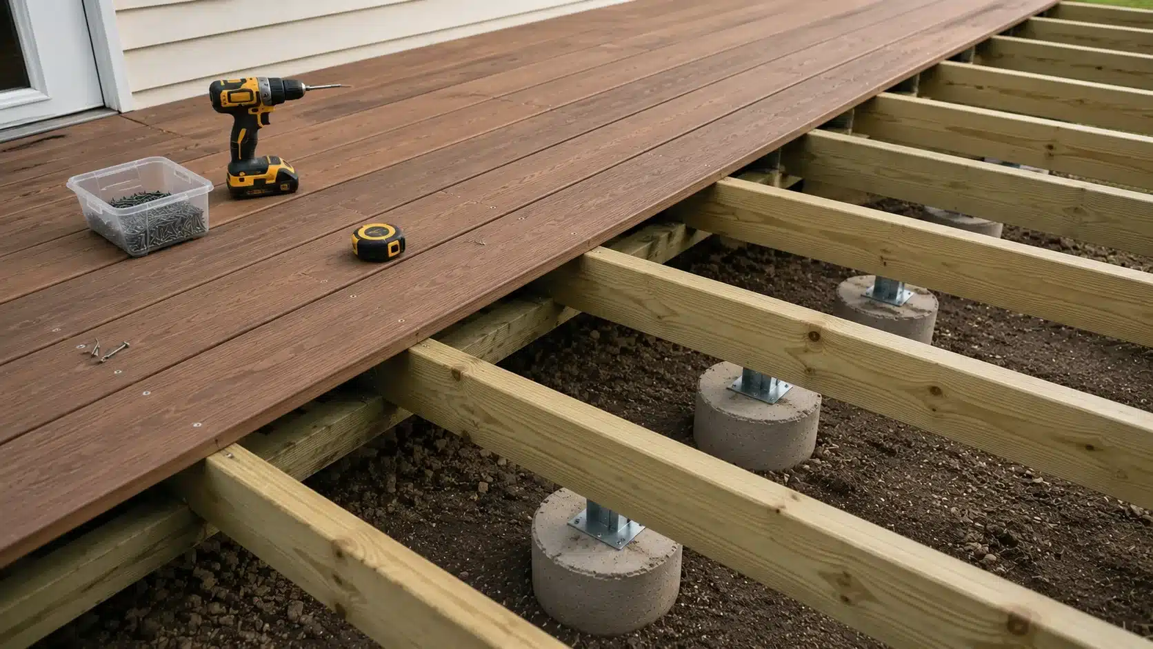 Installing wooden deck boards with screws, drill, and exposed joists underneath