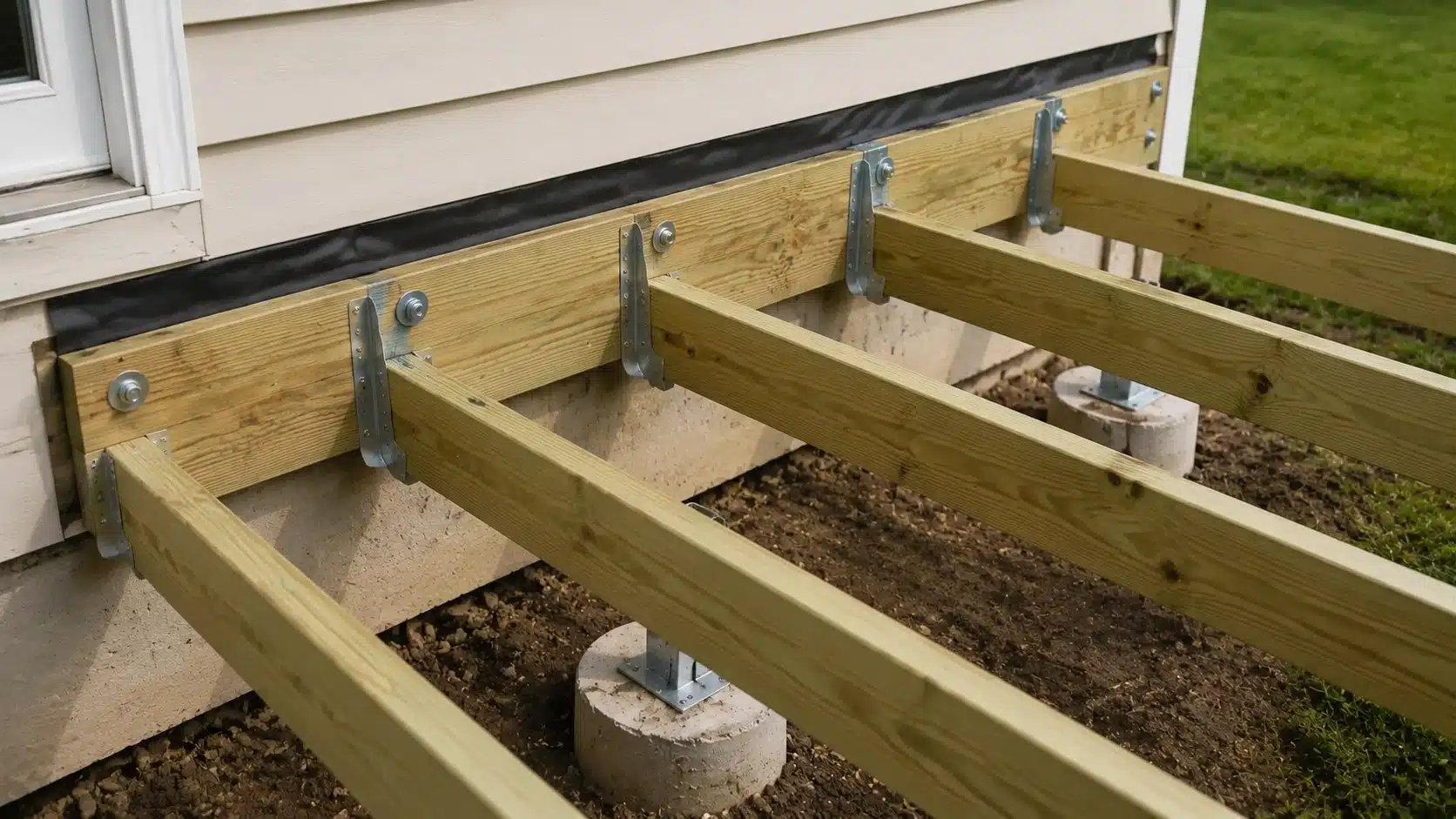 Installing a deck ledger board against a house wall with flashing and metal fasteners