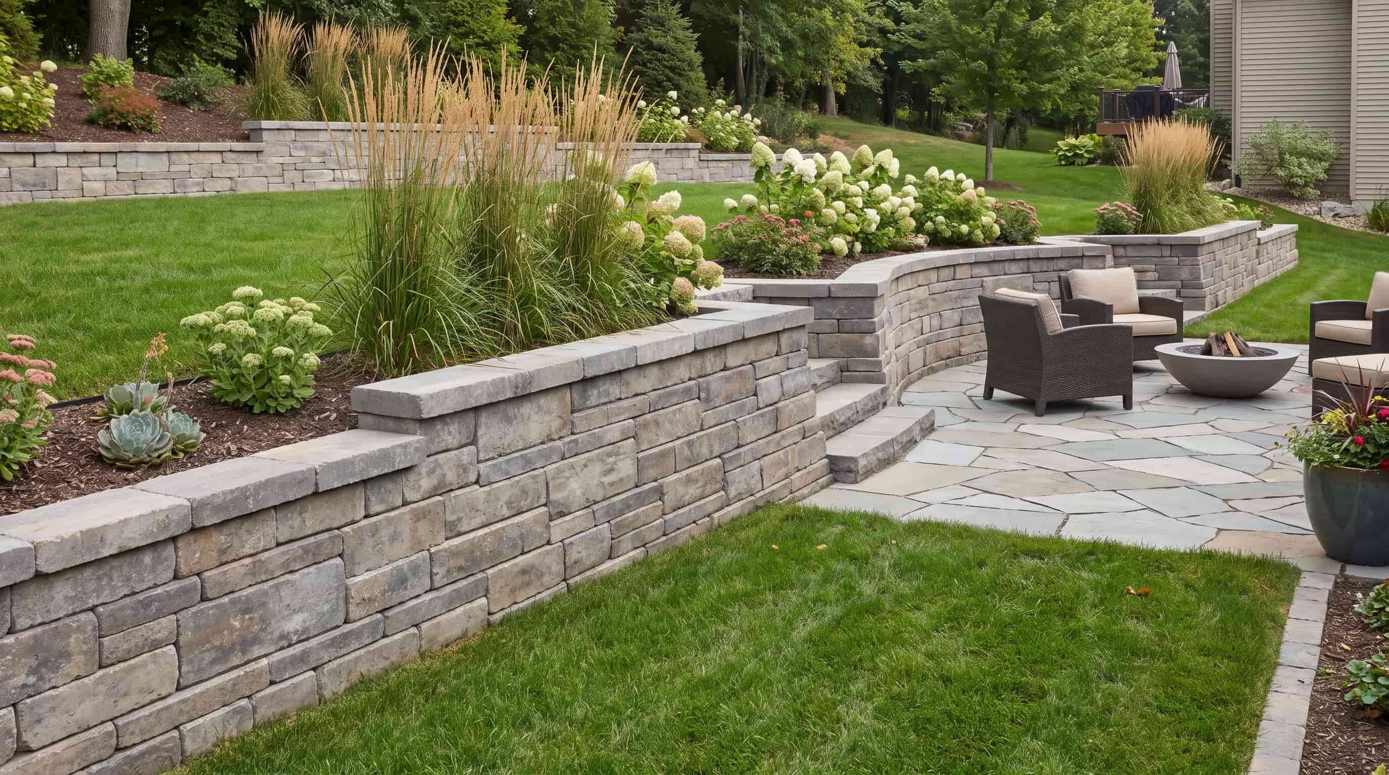 Interlocking concrete block retaining wall with plants and a structured modern backyard landscape.