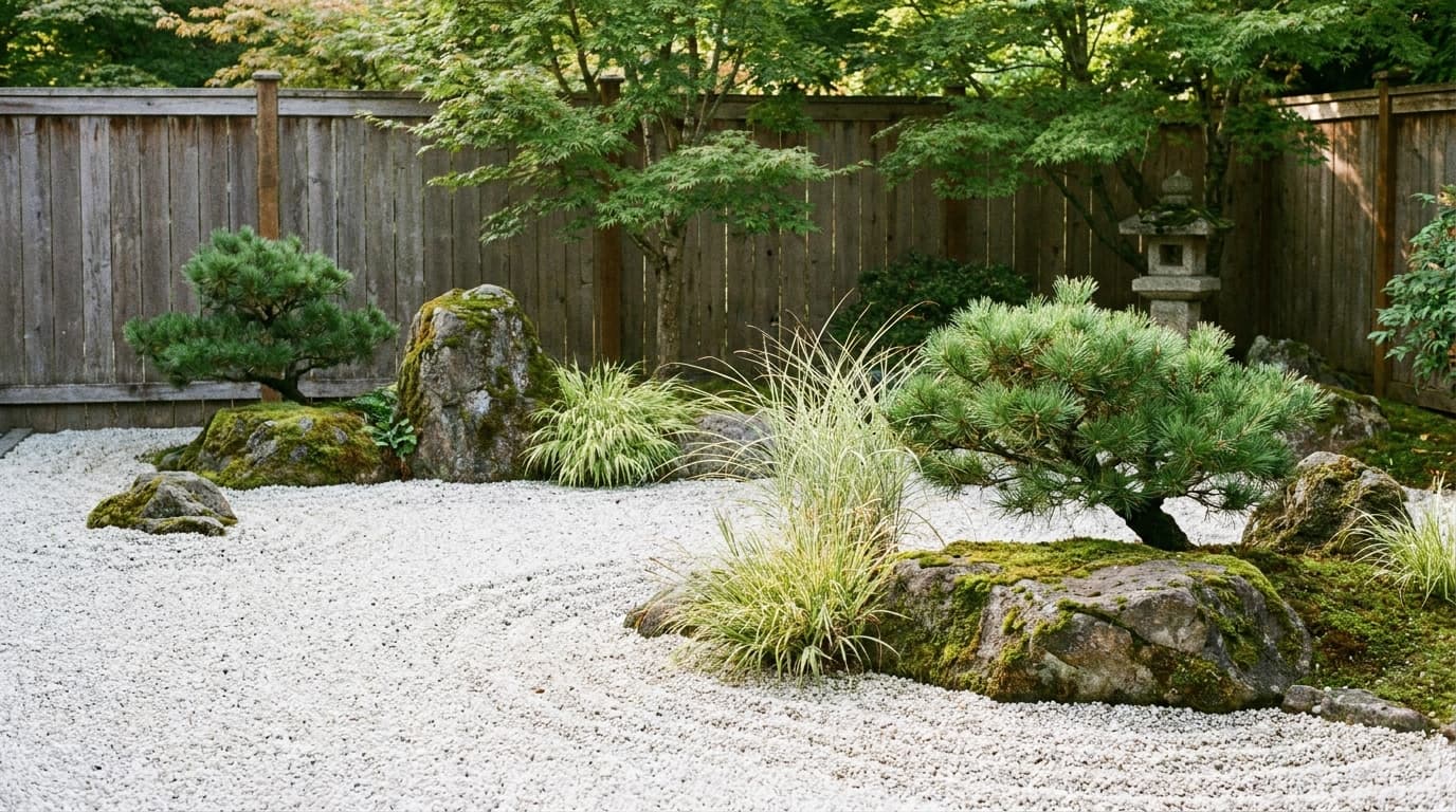 Japanese zen rock garden with raked gravel, large stones, moss, and minimal greenery in a peaceful backyard.