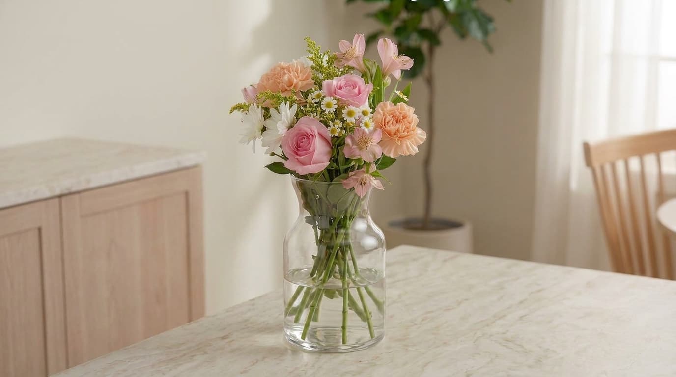 Fresh flower arrangement placed away from direct sunlight in a cool indoor space.