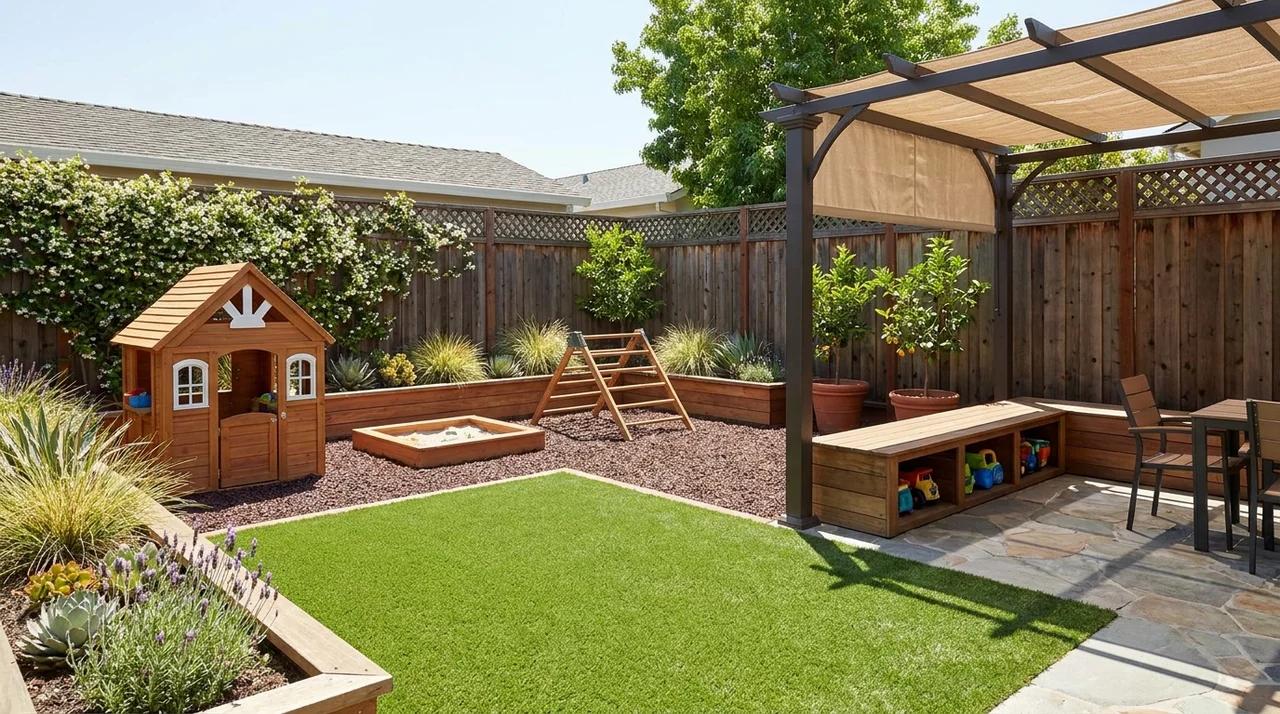 Small backyard play area with open space, plants, and child-friendly landscaping.