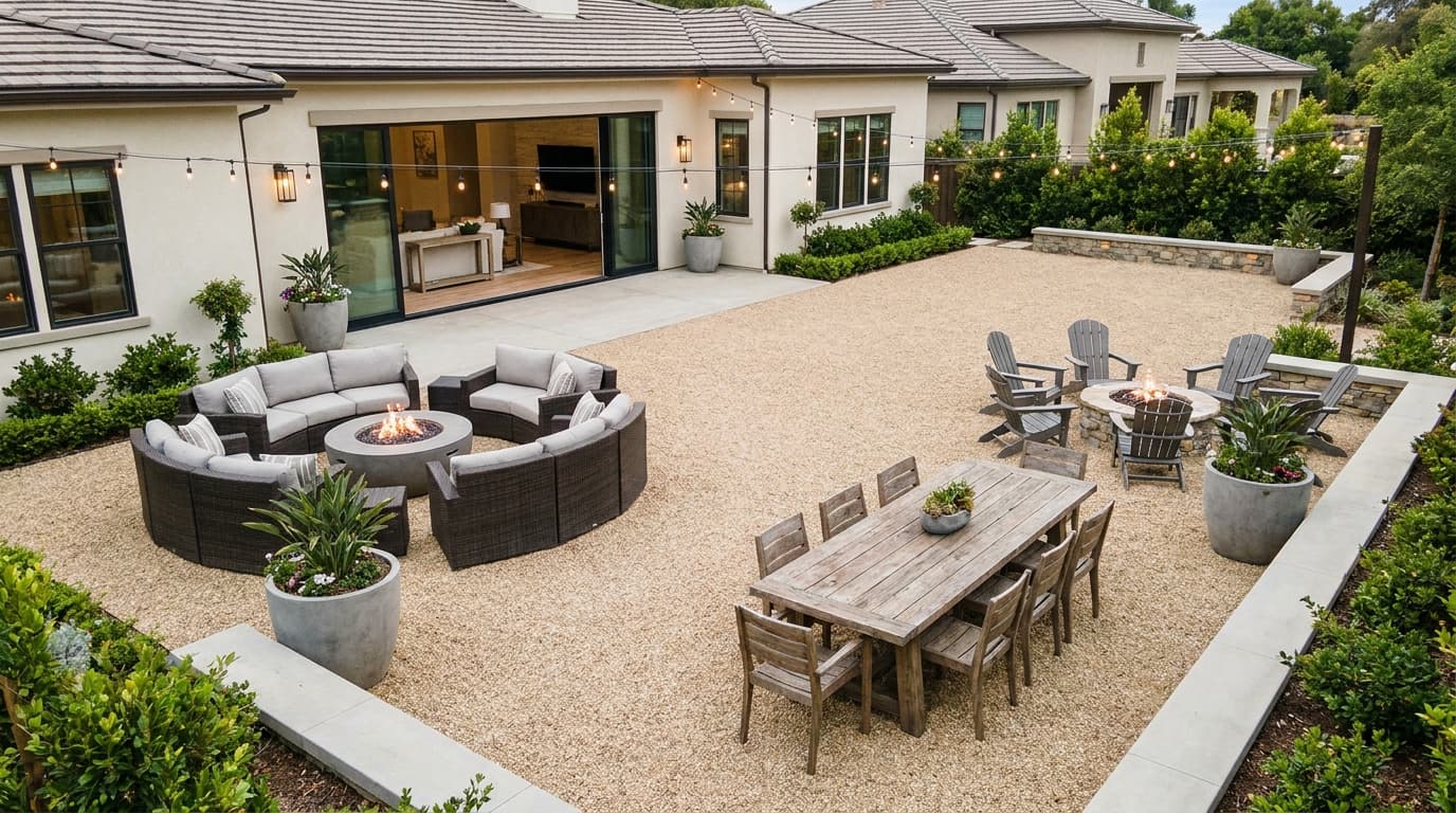 Large pea gravel entertainment patio with dining area, lounge seating, and outdoor fire feature