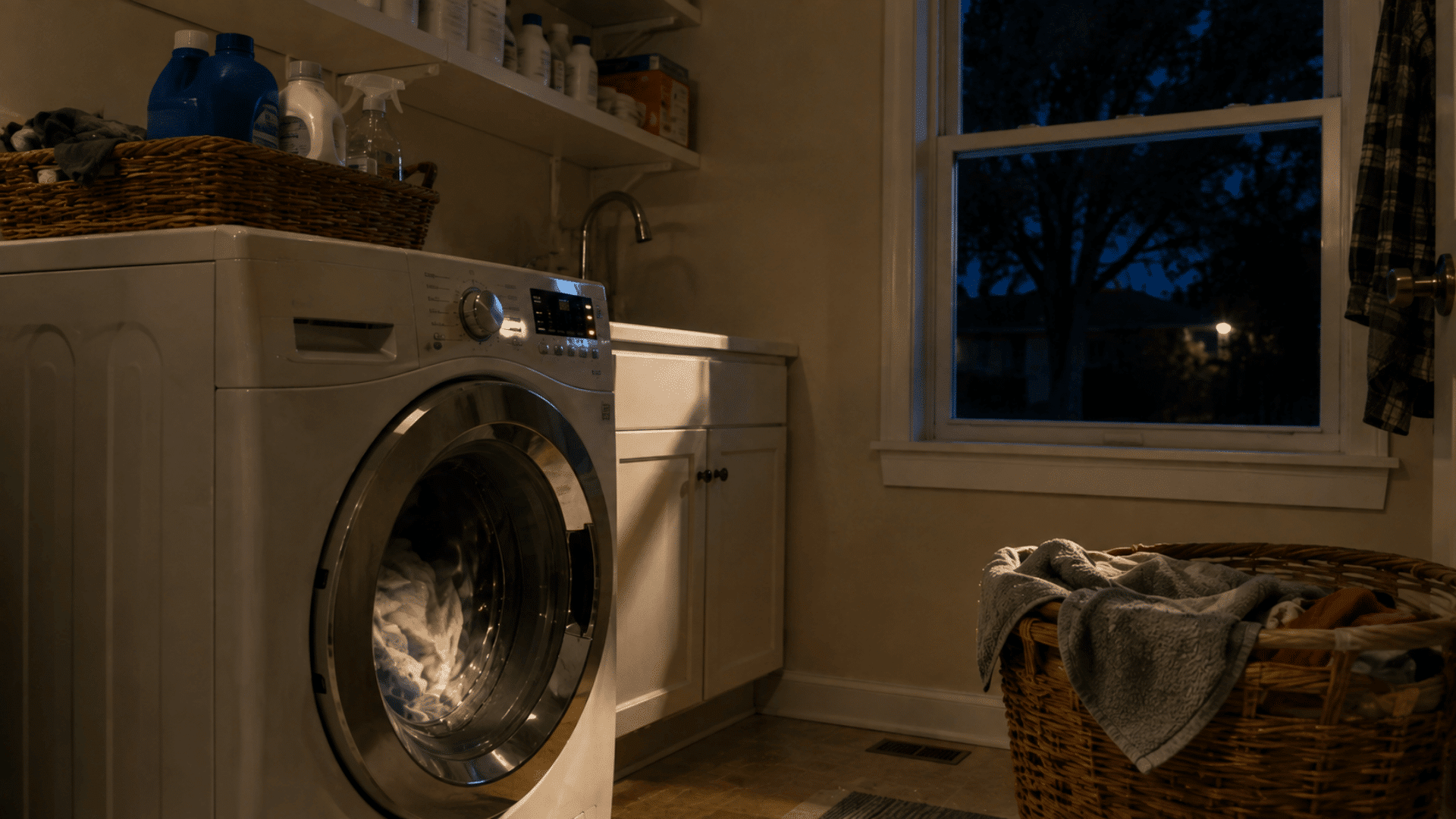 Laundry room at night with a running washer, laundry basket, sink, shelves, and a dark summer evening visible through the window.