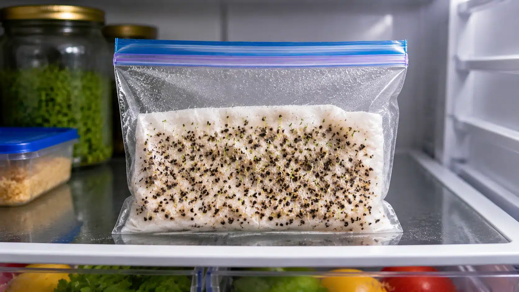 Lavender seeds undergoing cold stratification in a sealed bag with moist sand inside a refrigerator before planting.