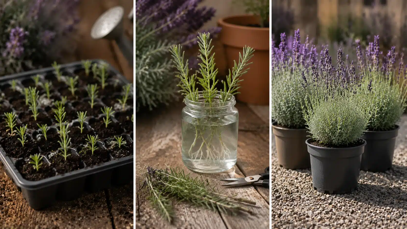 Lavender propagation methods showing seedlings, rooted cuttings, and established plants growing in pots and a garden setting.