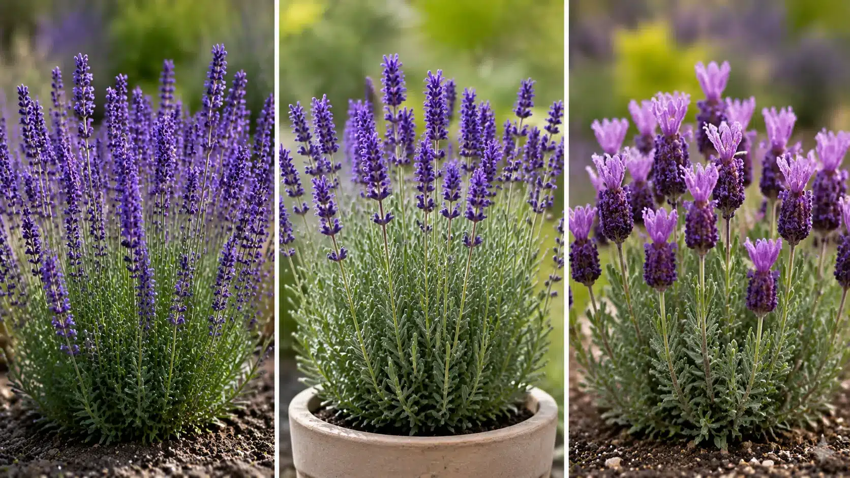 Different lavender varieties showing unique flower shapes and colors in a realistic garden setting.