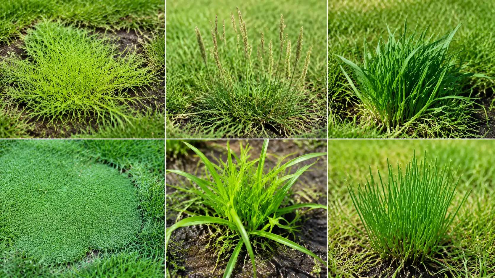 Six common lawn weeds shown in a realistic collage, including annual bluegrass, dallisgrass, sedges, and invasive grass clumps.