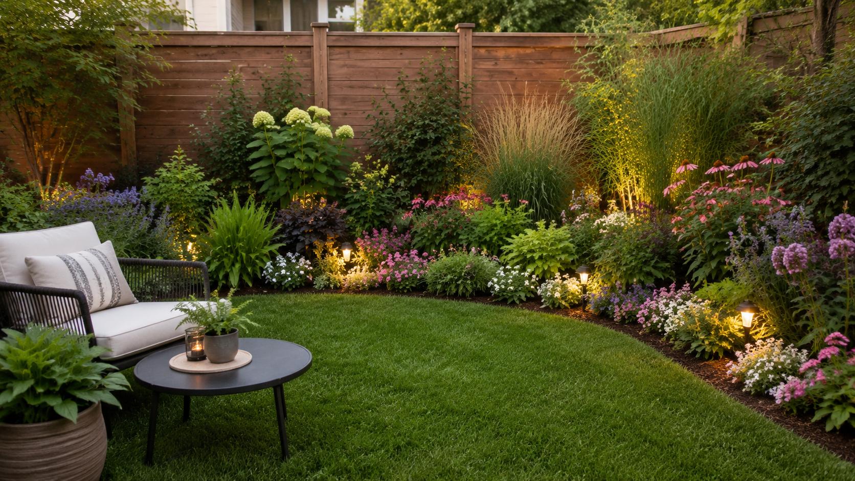 Small backyard with layered shrubs, flowers, and ground covers creating a lush garden border.
