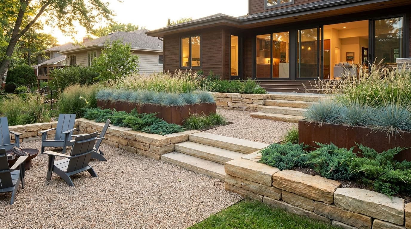 Layered pea gravel patio with retaining walls, raised planters, and multi-level backyard landscaping
