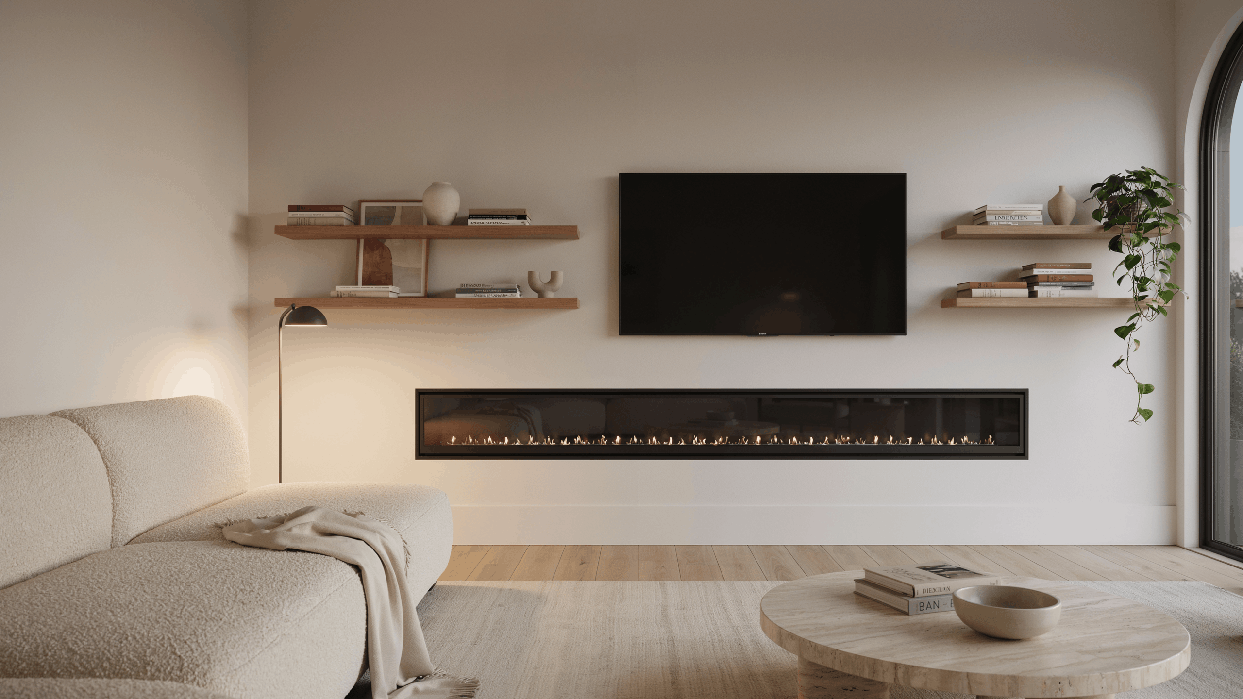 Linear fireplace media wall with floating shelves